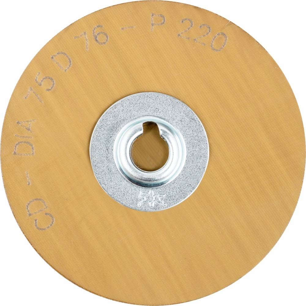 Runde Schleifscheibe in Orange mit silberner Mitte, Aufschrift: 'GD - DIA 75 D 76 - P 220'. Verwendet für Metallbearbeitung.