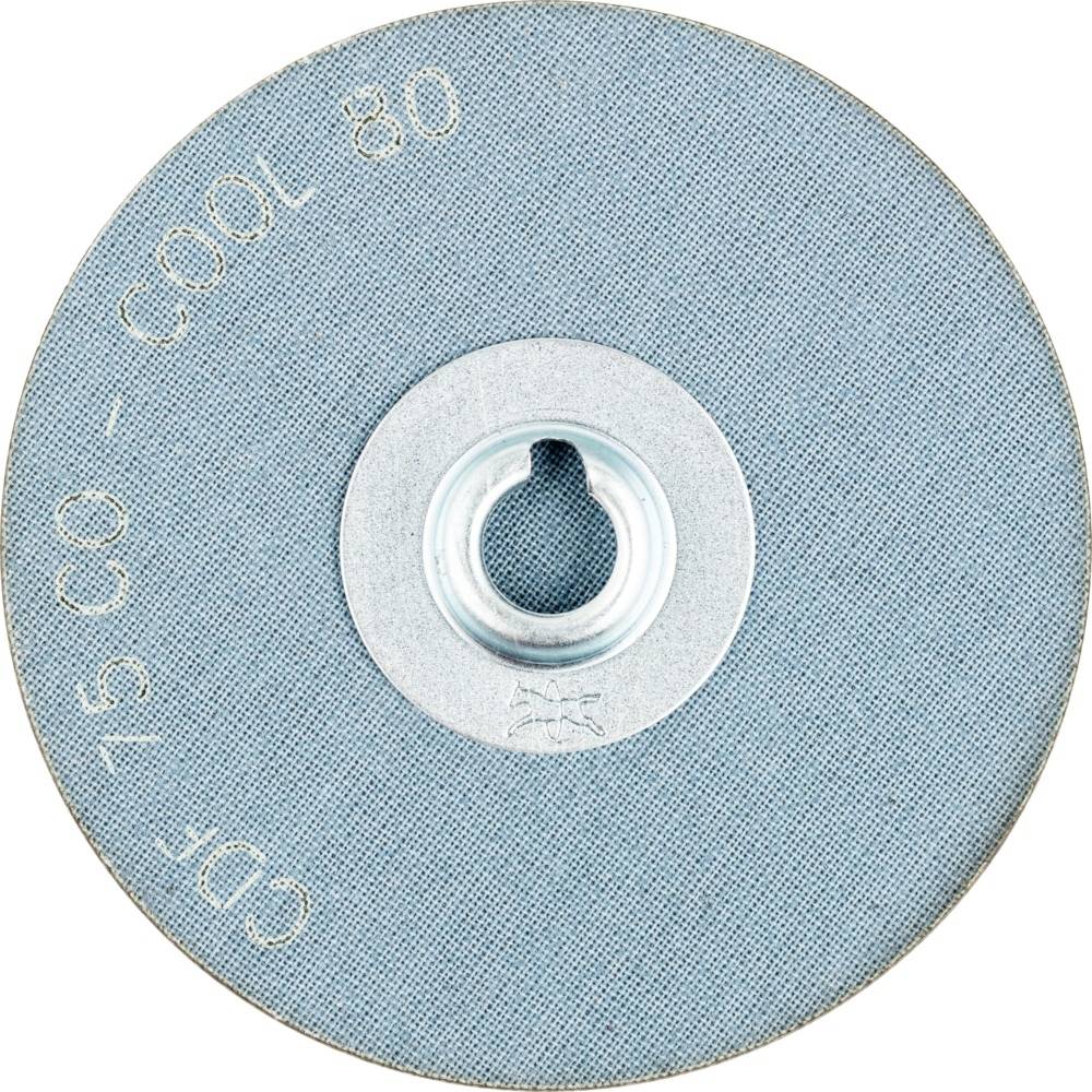 Blauer Schleifscheibeaufsatz mit Metalkern, beschriftet mit 'COOL 80', 'CD 15 CO'. Verwendet für Metallschleifarbeiten.