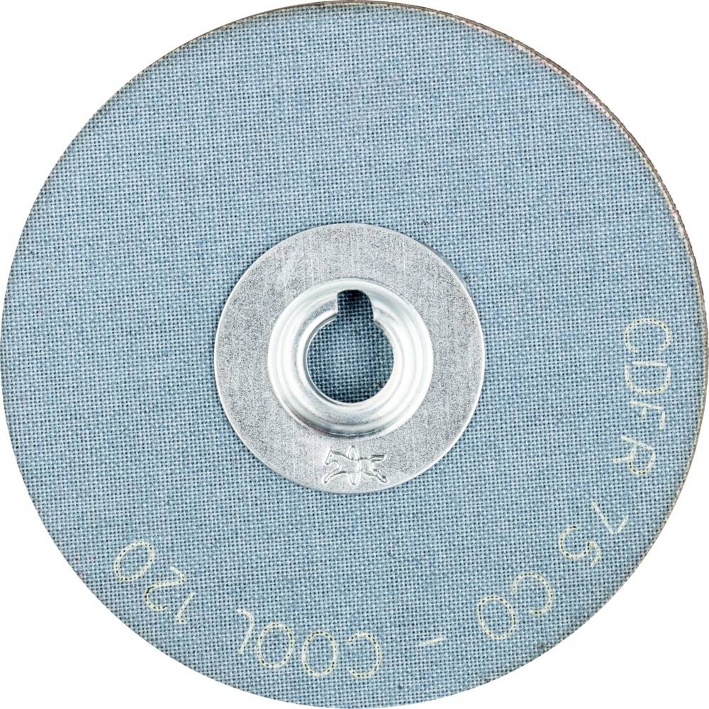'CD-R 75 CD-120 Cool' steht auf einer blauen Schleifscheibe mit zentralem Metallloch. Hauptsächlich für Schleifarbeiten verwendet.