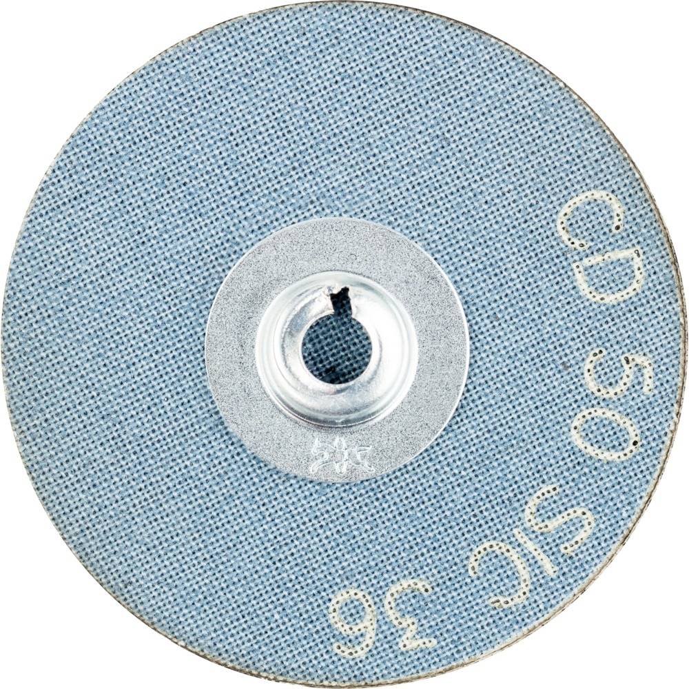 Eine runde Schleifscheibe mit blauer Oberfläche und weißem Text 'CD 50 SiC 36', in der Mitte ein zentrales Loch zur Befestigung.
