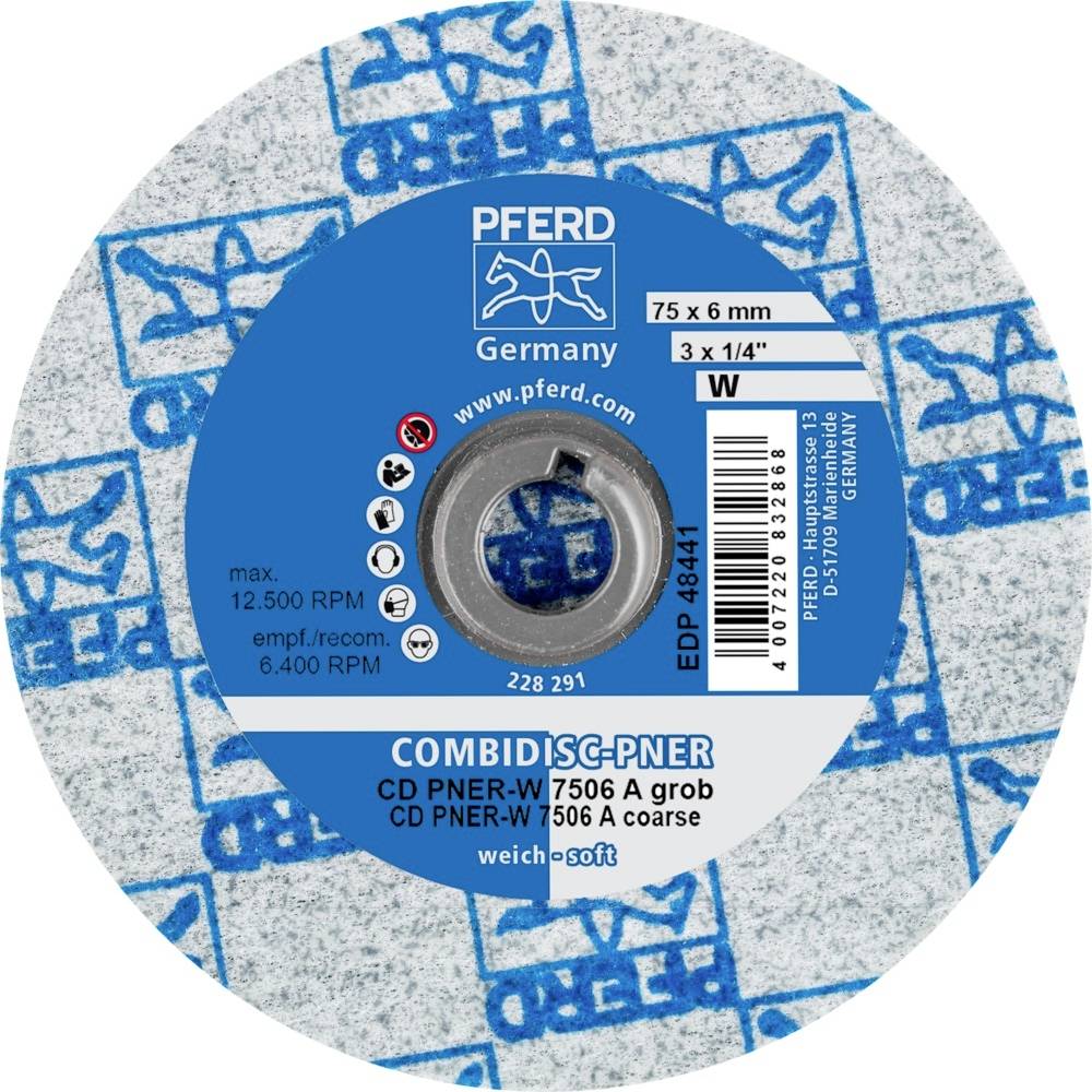 Schleifscheibe von PFERD, Modell COMBIDISC-PNER, Durchmesser 75 x 6 mm, Körnung A grob, ideal für Metallbearbeitung.