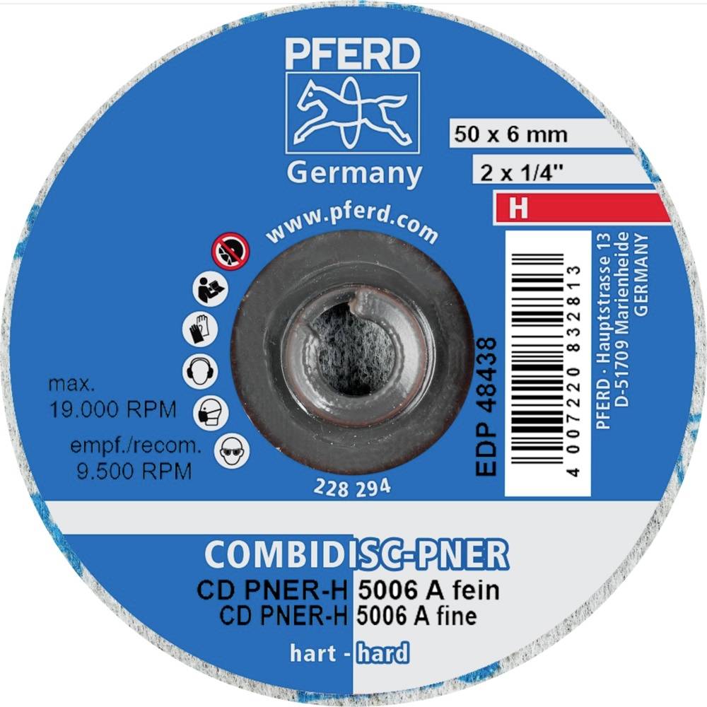 Schleifscheibe mit Aufschrift: 'PFERD', 'Germany', 'Combidisc-PNER', Durchmesser 50 x 6 mm, max. 19.000 U/min, 5006 A fein.