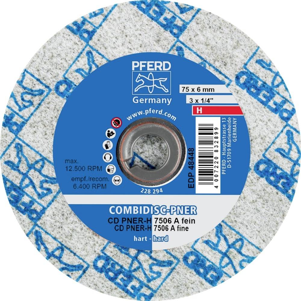 Schleifscheibe mit Aufdruck 'PFERD Germany', Typ 'Combidisc-PNER', Maße 75 x 6 mm, für max. 12.500 U/min, Härtegrad A fein.