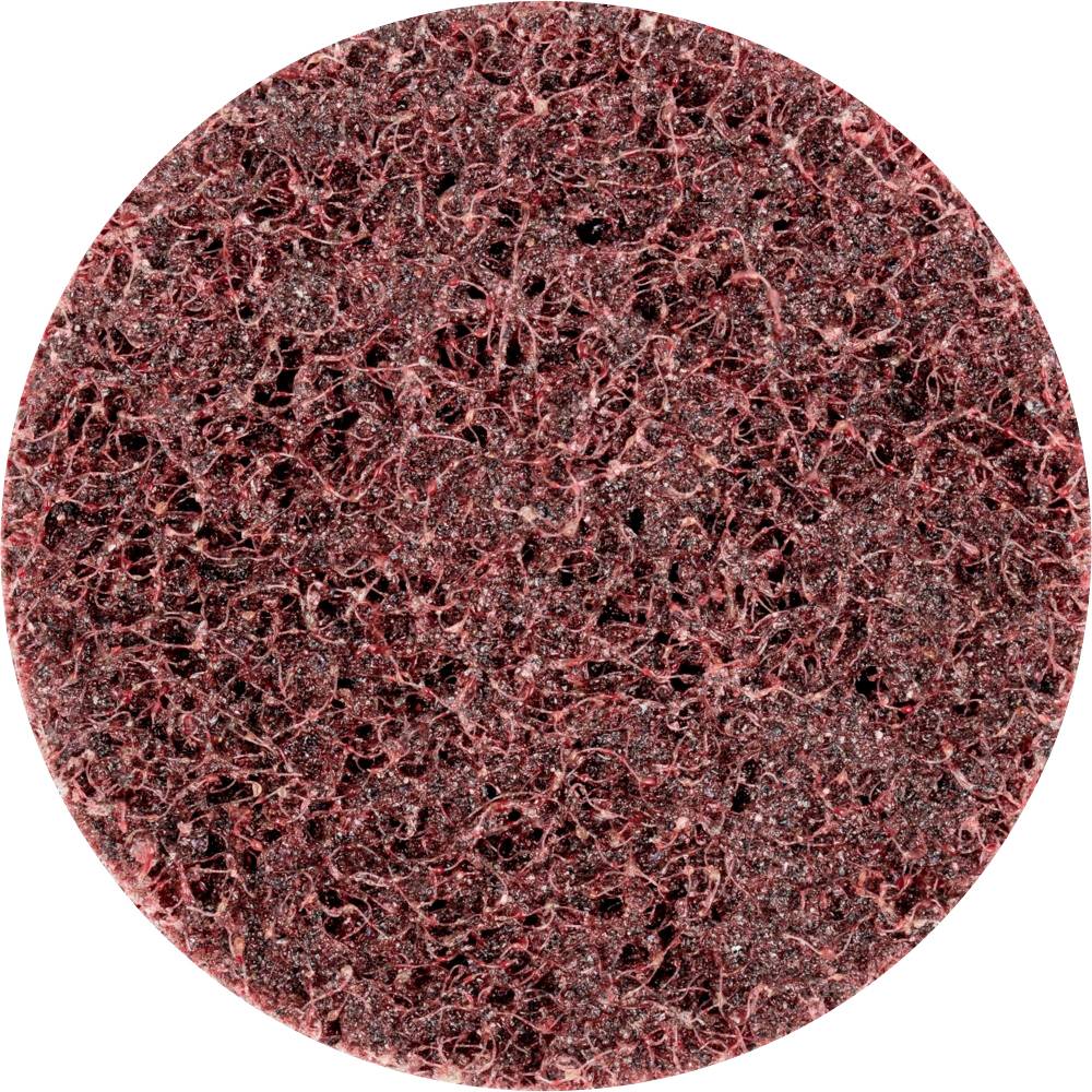 Eine runde Schleifscheibe in roter Farbe, mit einer rauen, faserigen Textur, geeignet für das Schleifen oder Polieren von Oberflächen.