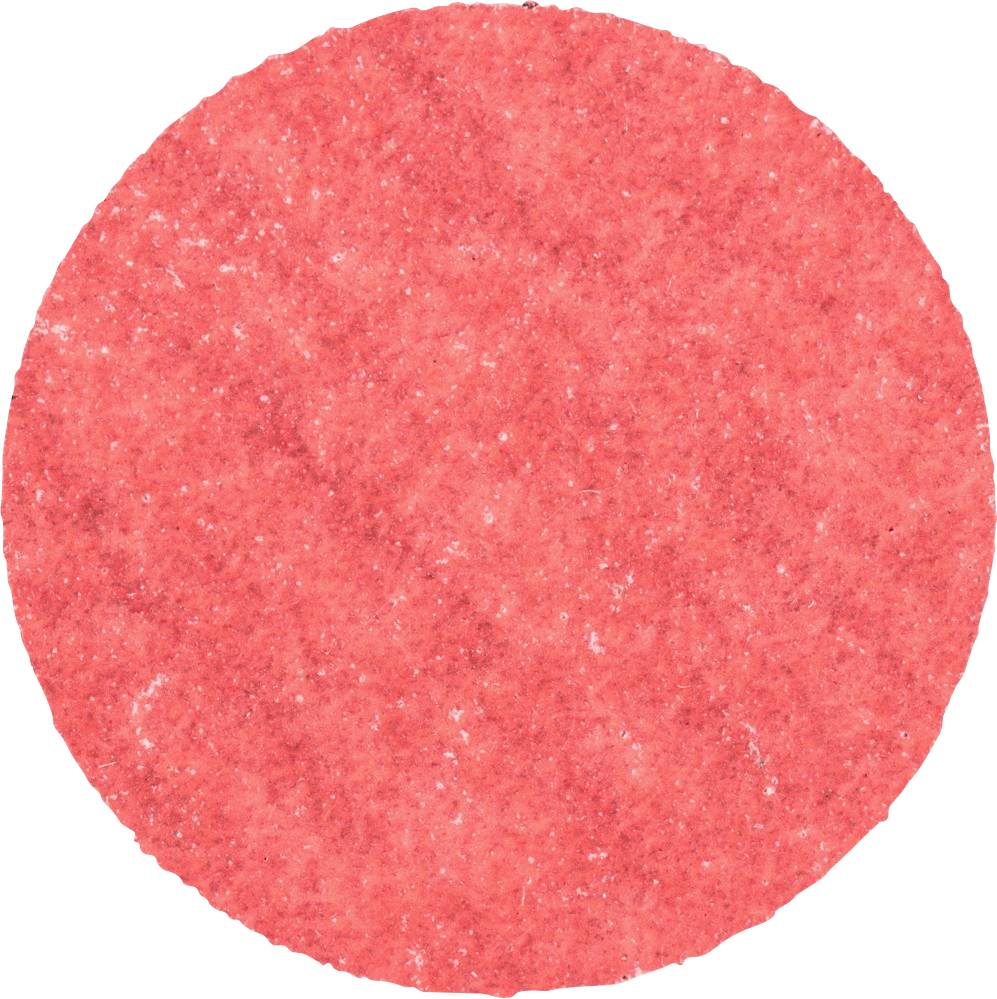 Runder, flacher, rosa Gegenstand mit sandartiger Textur auf weißem Hintergrund.