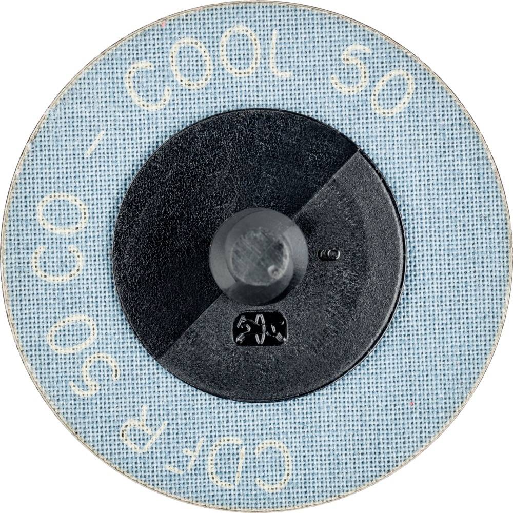 Runde, blaue Schleifscheibe mit dem Aufdruck 'COOL 50' auf schwarzer Trägerfläche. Abnutzung sichtbar.