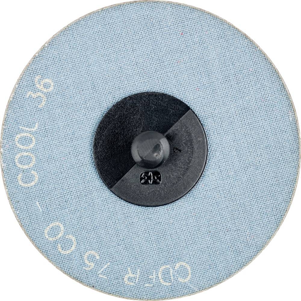 Schleifscheibe mit blauer Oberfläche und schwarzem Zentrum, Beschriftung zeigt Körnung und Spezifikationen.
