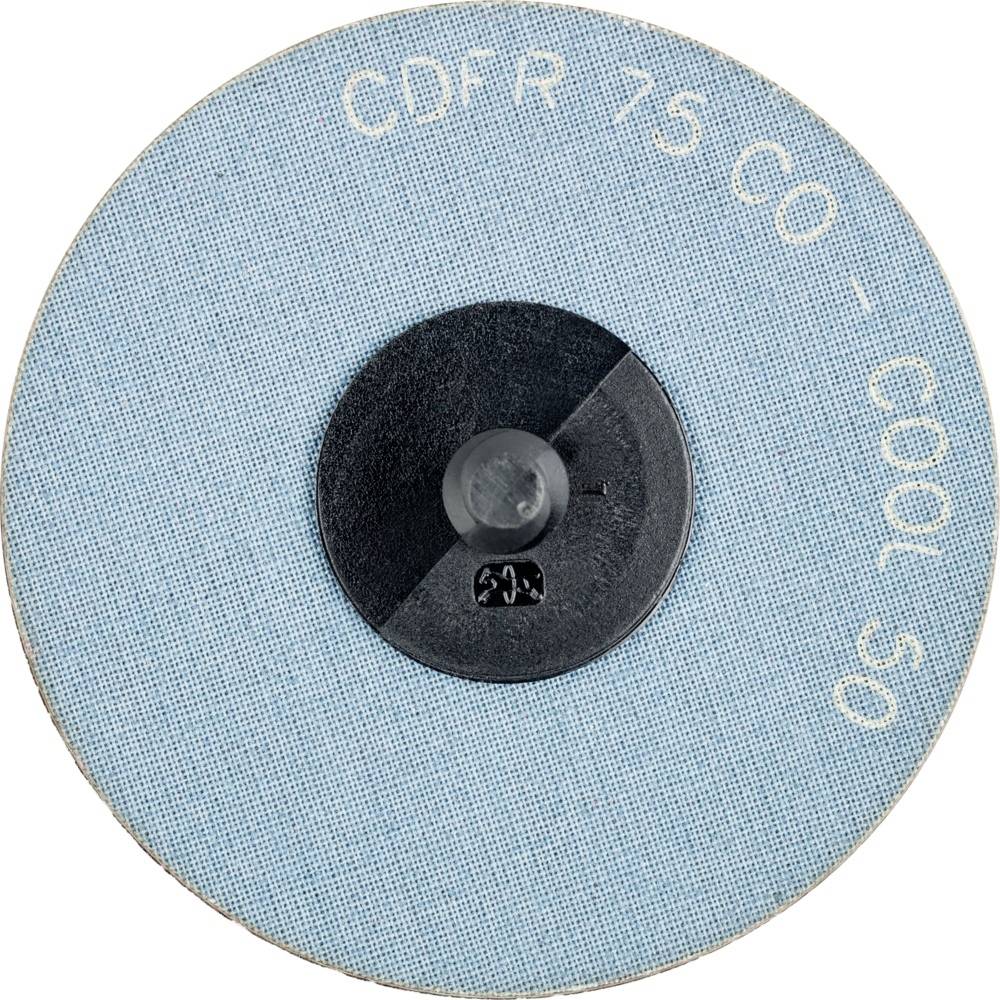 Ein blauer Schleifteller mit der Aufschrift 'CDFR 75 CO - COOL 5O' in weiß. Zentral ist eine schwarze Befestigung.