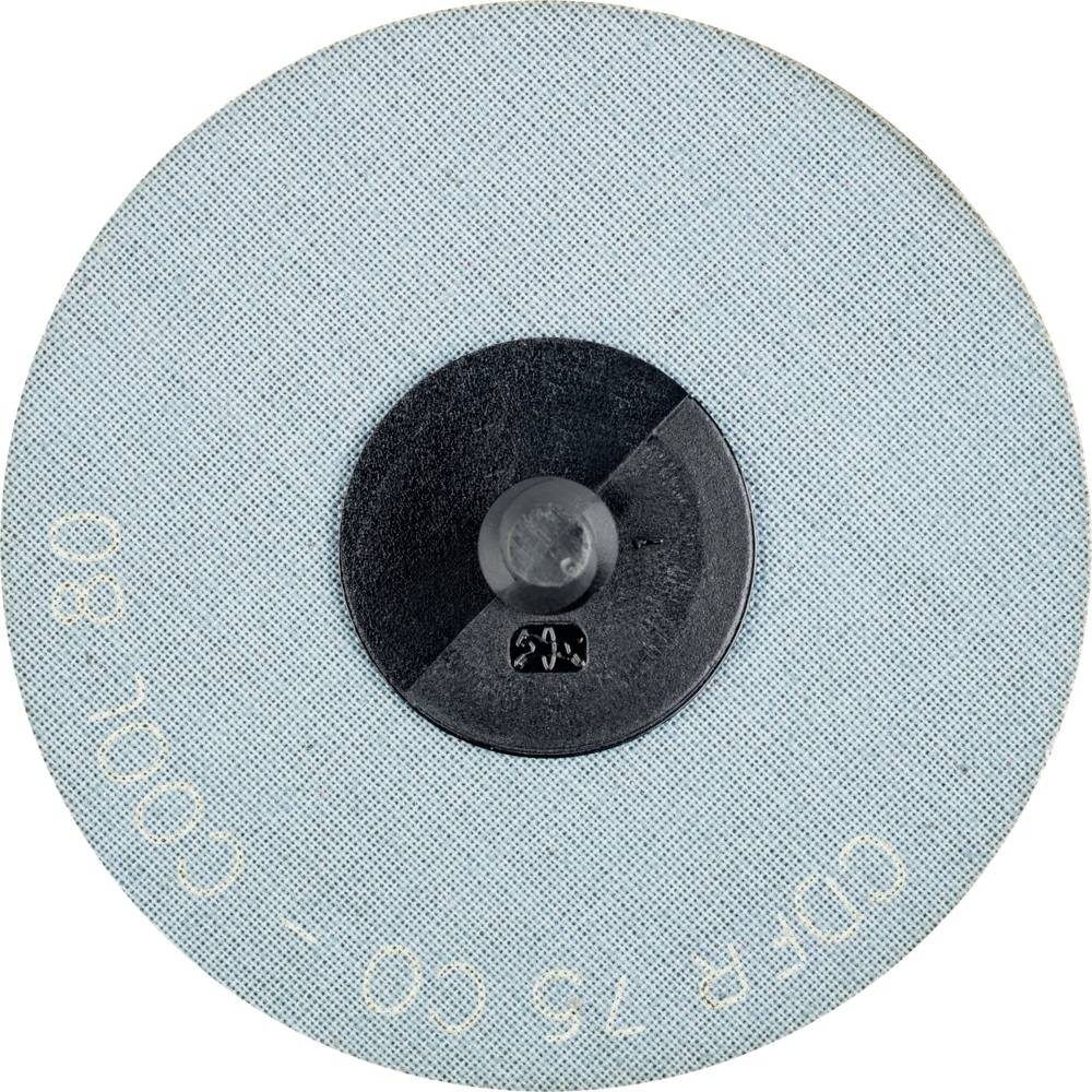 Eine runde Schleifscheibe mit blauem Stoff und schwarzem Kunststoffzentrum. Aufschrift in Weiß: 'CDFP 75 CO - COOL 80'.