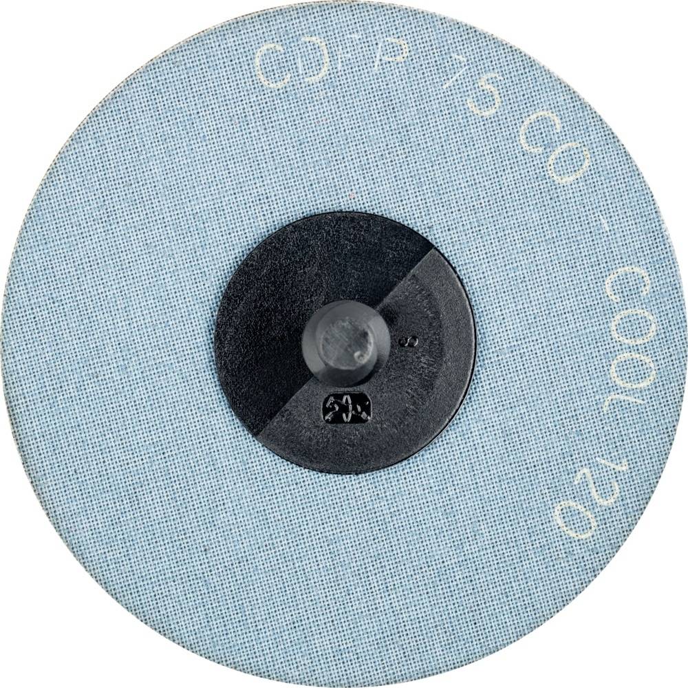Blaues, rundes Schleifpapier mit Beschriftung 'CD - P 15 CO - COOL 120', mittig schwarze Öffnung für Befestigung auf Werkzeug.
