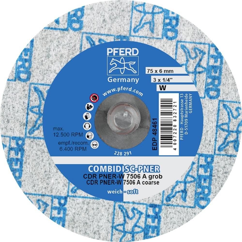 Schleifscheibe der Marke PFERD, Modell COMBIDISC PNER. Durchmesser 75 x 6 mm, Körnung grob, maximale Drehzahl 12.500 U/min.