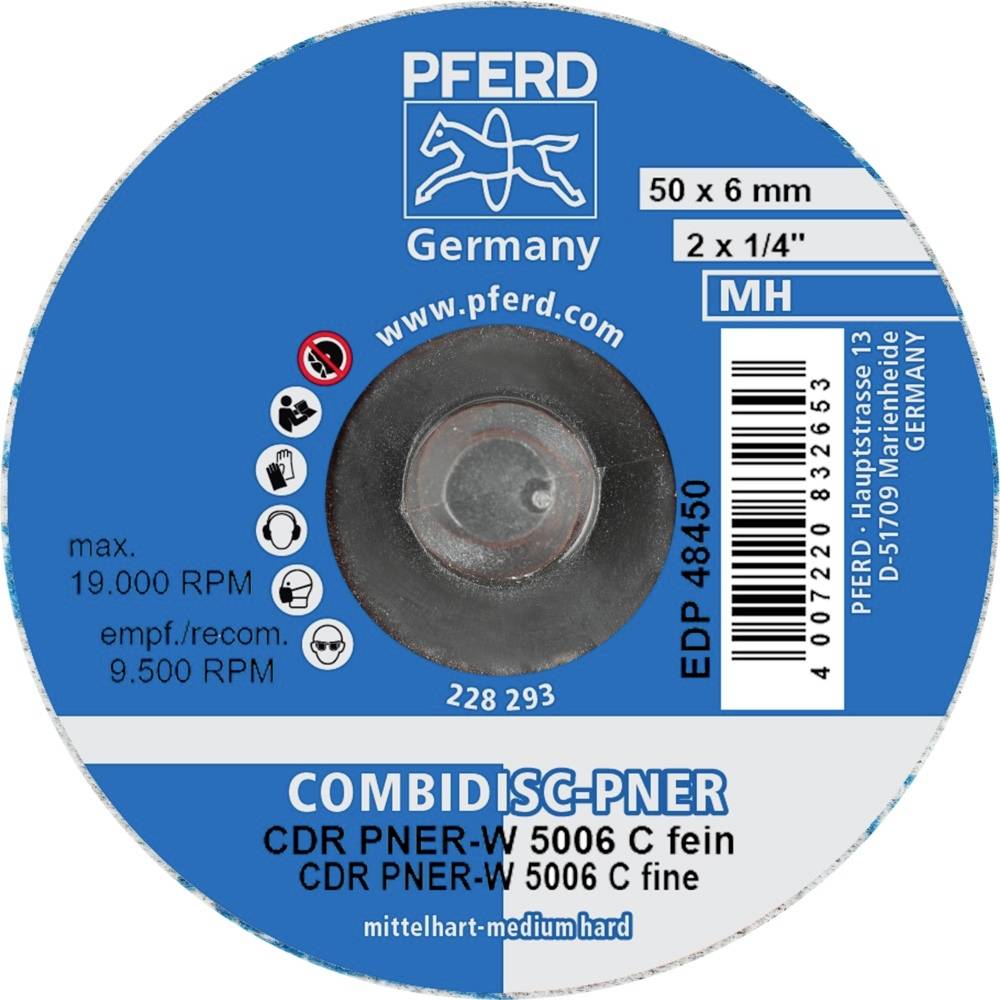 'PFERD Combidisc-PNER, CDR PNER-W 5006 C fein. Max. 19.000 RPM, empfohlene 9.500 RPM. Maße: 50 x 6 mm, 2 x 1/4