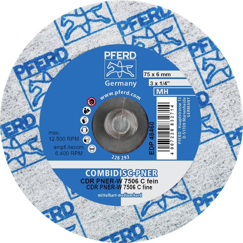 Schleifscheibe der Marke Pferd, Modell Combidisc-PNER, 75x6 mm, max. 12.500 U/min, empfohlen 6.400 U/min, mittelfein.