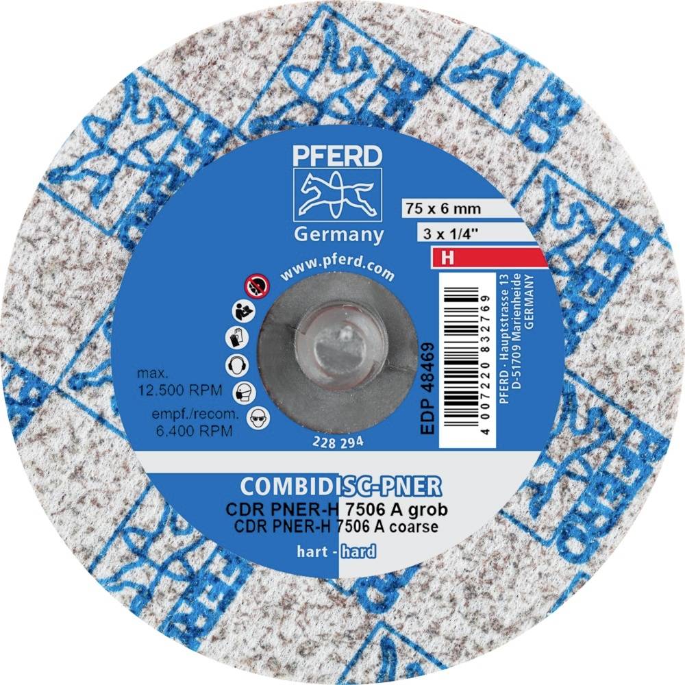 Schleifscheibe von PFERD, blau-weißes Design. Etikett zeigt Größe 75x6 mm, max. Drehzahl 12.500 U/min, Typ CDR PNER-H 7506 A grob.