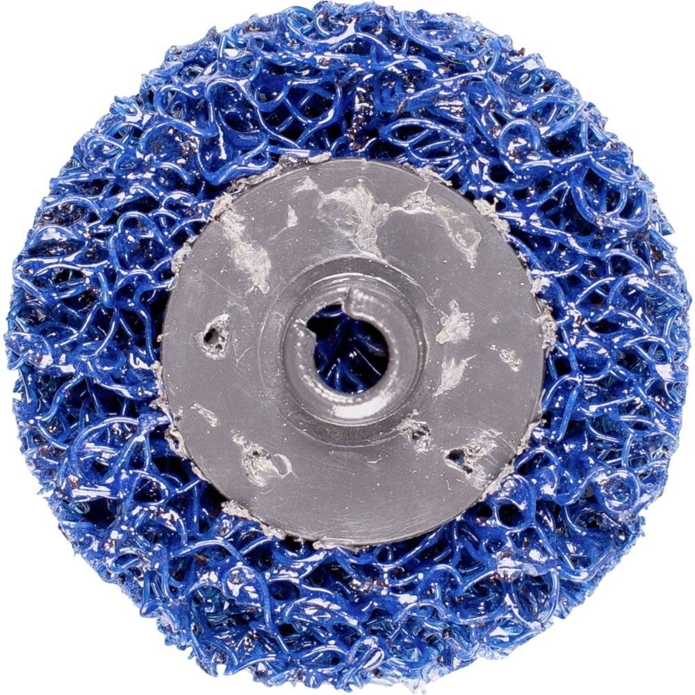 Blauer Schleifaufsatz mit silbernem Zentrum für Winkelschleifer, geeignet zum Entfernen von Rost und Lack von verschiedenen Oberflächen.