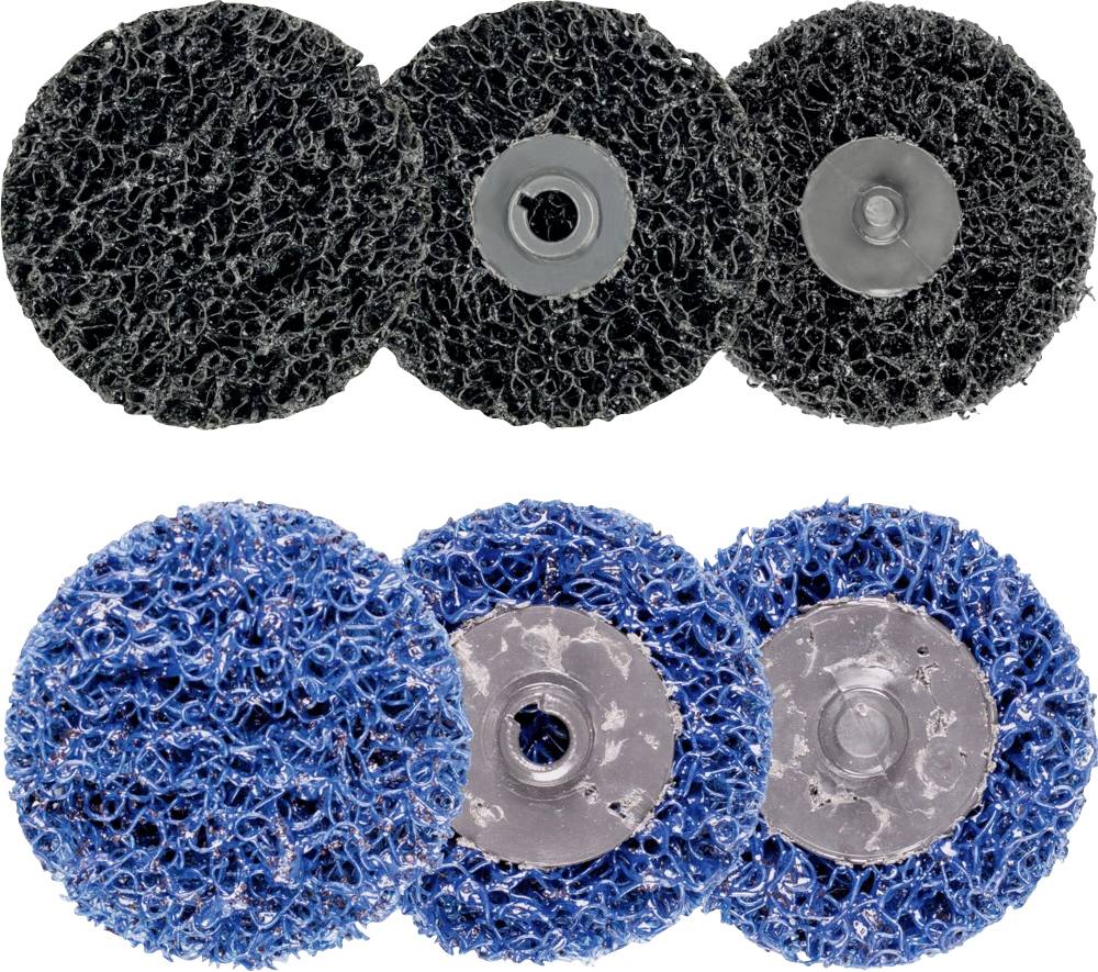 Sechs Schleifscheiben, drei schwarz und drei blau, aus drahtähnlichem Material für Oberflächenbearbeitung.