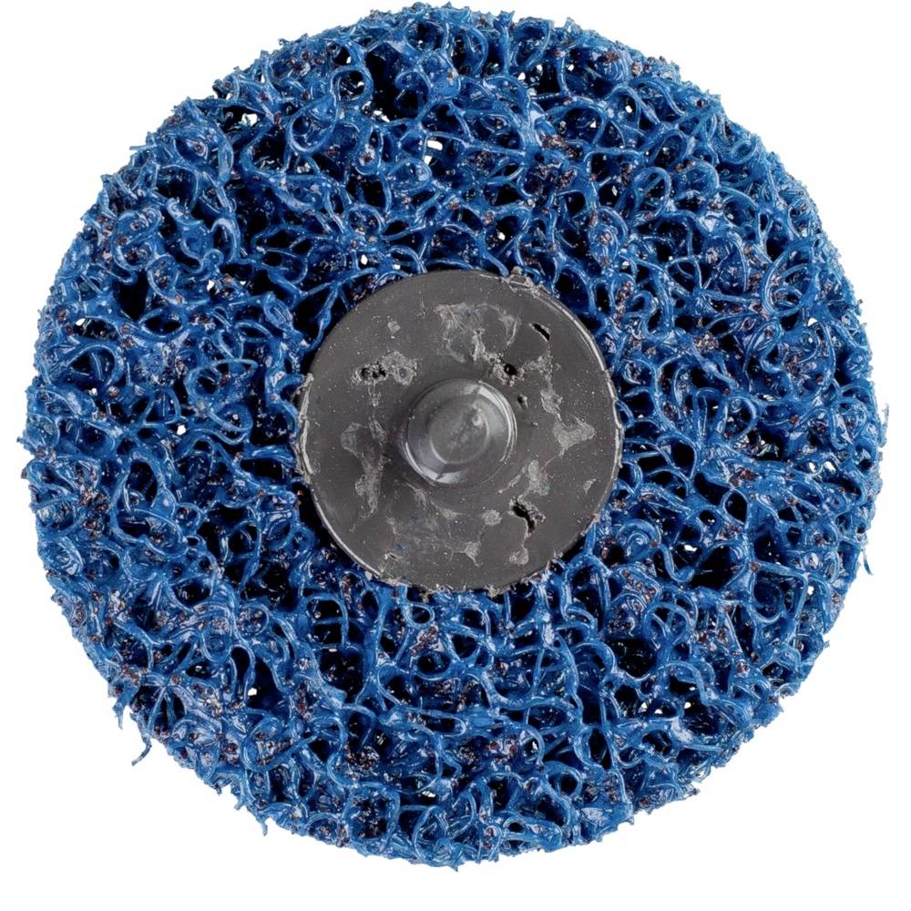 Blauer Schleifscheibenaufsatz mit feinen, spiralförmigen Borsten um eine zentrale Halterung. Verwendet zum Entfernen von Rost oder alten Farben.