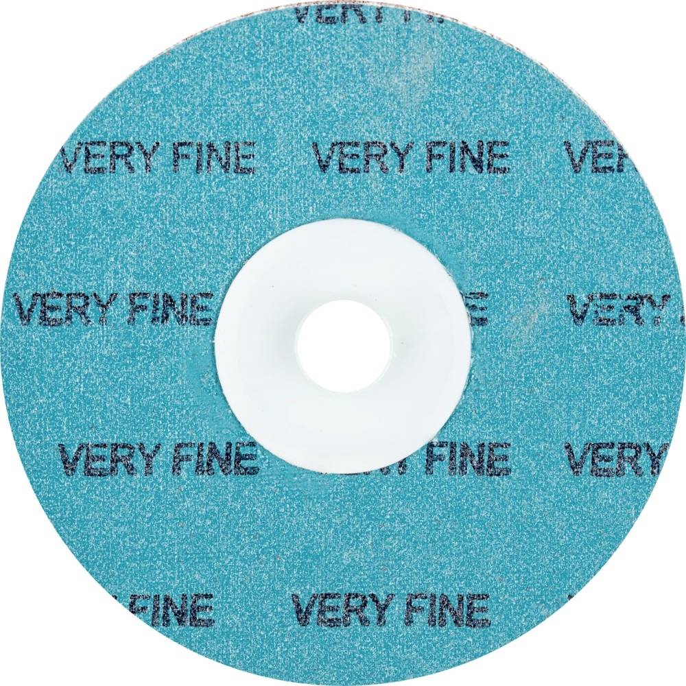 Eine blaue Schleifscheibe mit weißem Zentrum. Der Text 'VERY FINE' ist mehrmals auf der Oberfläche gedruckt.