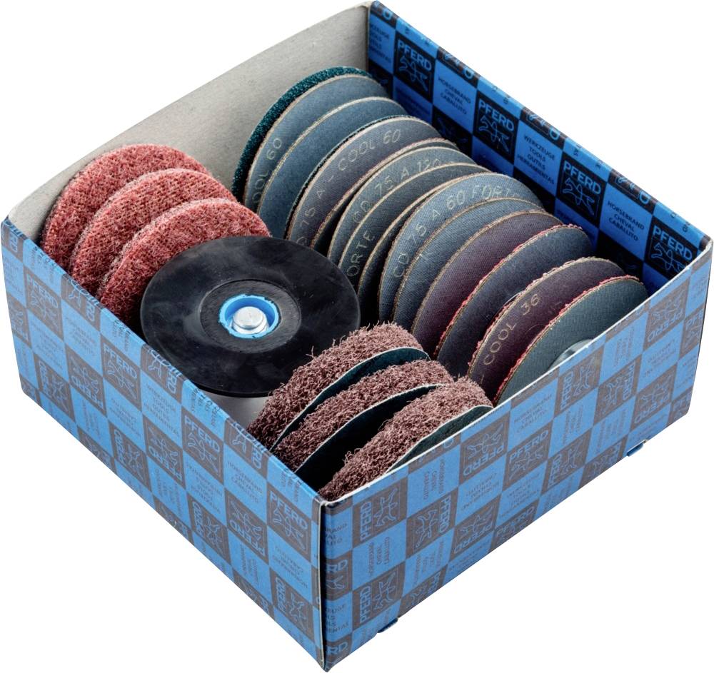 Eine Verpackung mit Schleifscheiben in verschiedenen Farben und Körnungen. Sie sind ordentlich angeordnet und sofort einsatzbereit.