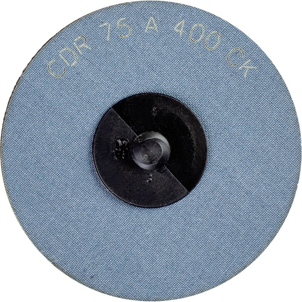 Runde Schleifscheibe mit blauer Oberfläche und schwarzer Mitte, Aufschrift 'CDR 75 A 400 CK'.