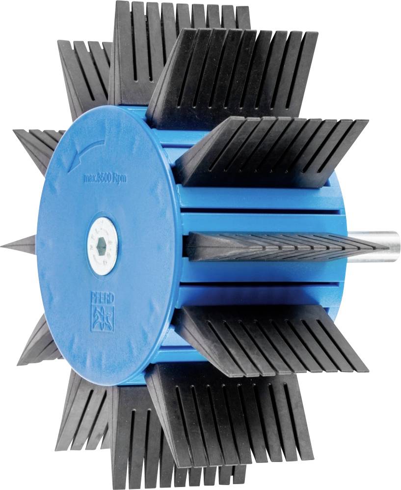 Ein blaues Industriegerät mit schwarzen Klingen, die radial angeordnet sind. Es ist zylindrisch mit einem zentralen Metallstift.