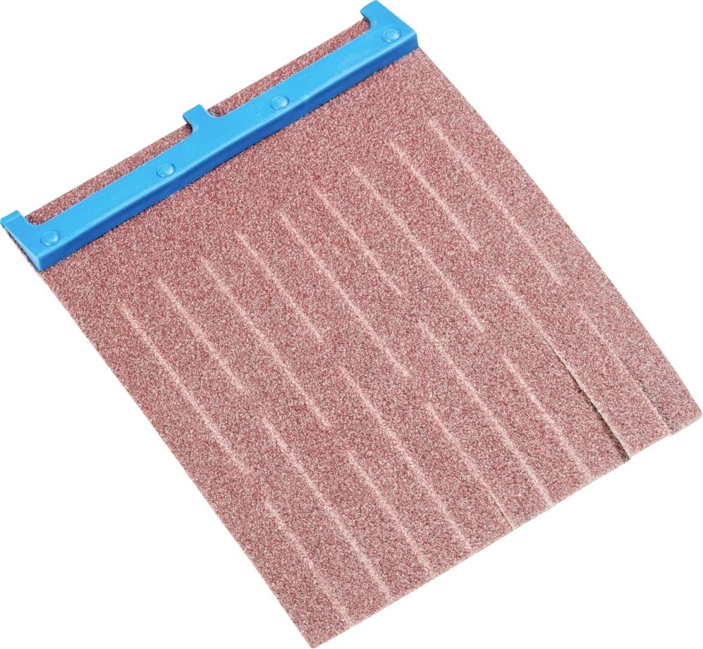 Roter Schleifaufsatz mit blauer Halterung, geeignet für manuelle Schleifarbeiten auf Holz- oder Metalloberflächen.