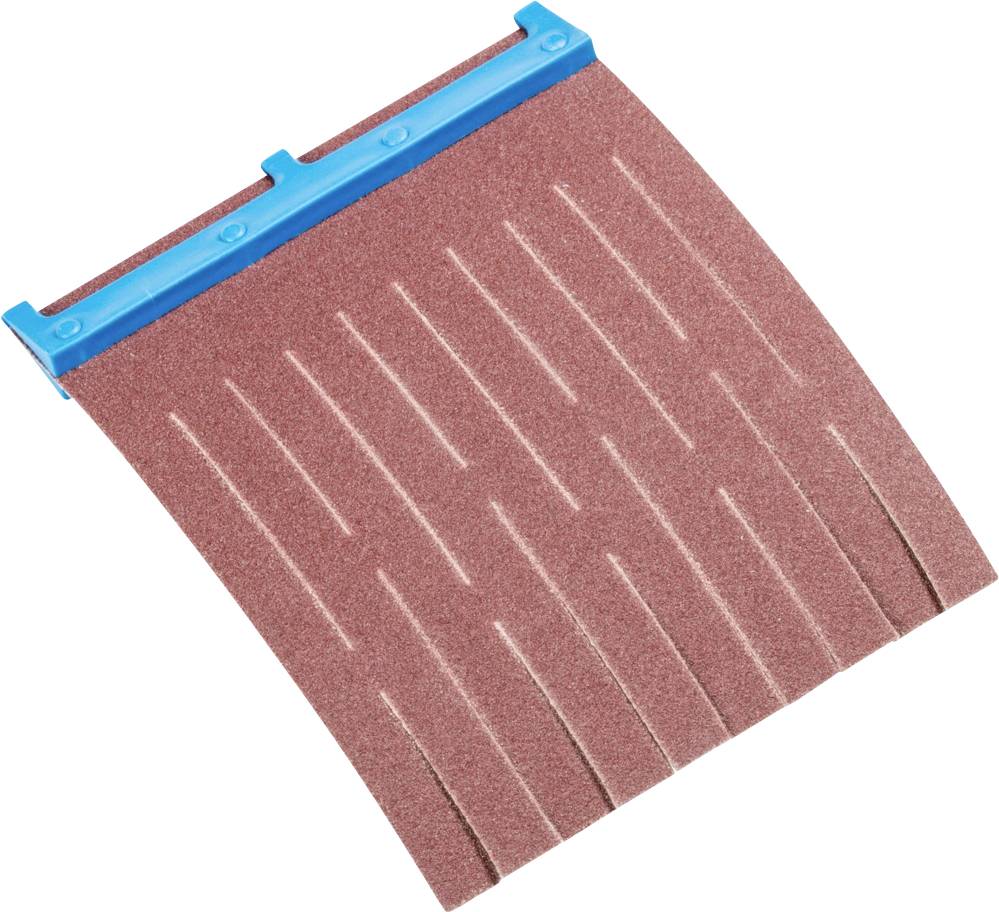 Ein rechteckiges Schleifmittelprodukt mit einer blauen Halterung. Geeignet für vielfältige handwerkliche Anwendungen.