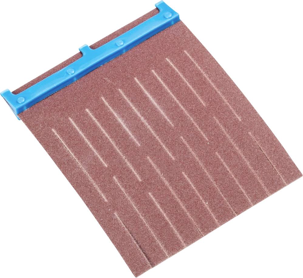 Schleifpapier mit blauer Kunststoffhalterung, abgerundet.