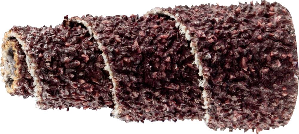 Ein eng zusammengerollter, burgunderfarbener, rauer Schleifstreifen mit stacheliger Textur, verwendet für Schleifmaschinen.