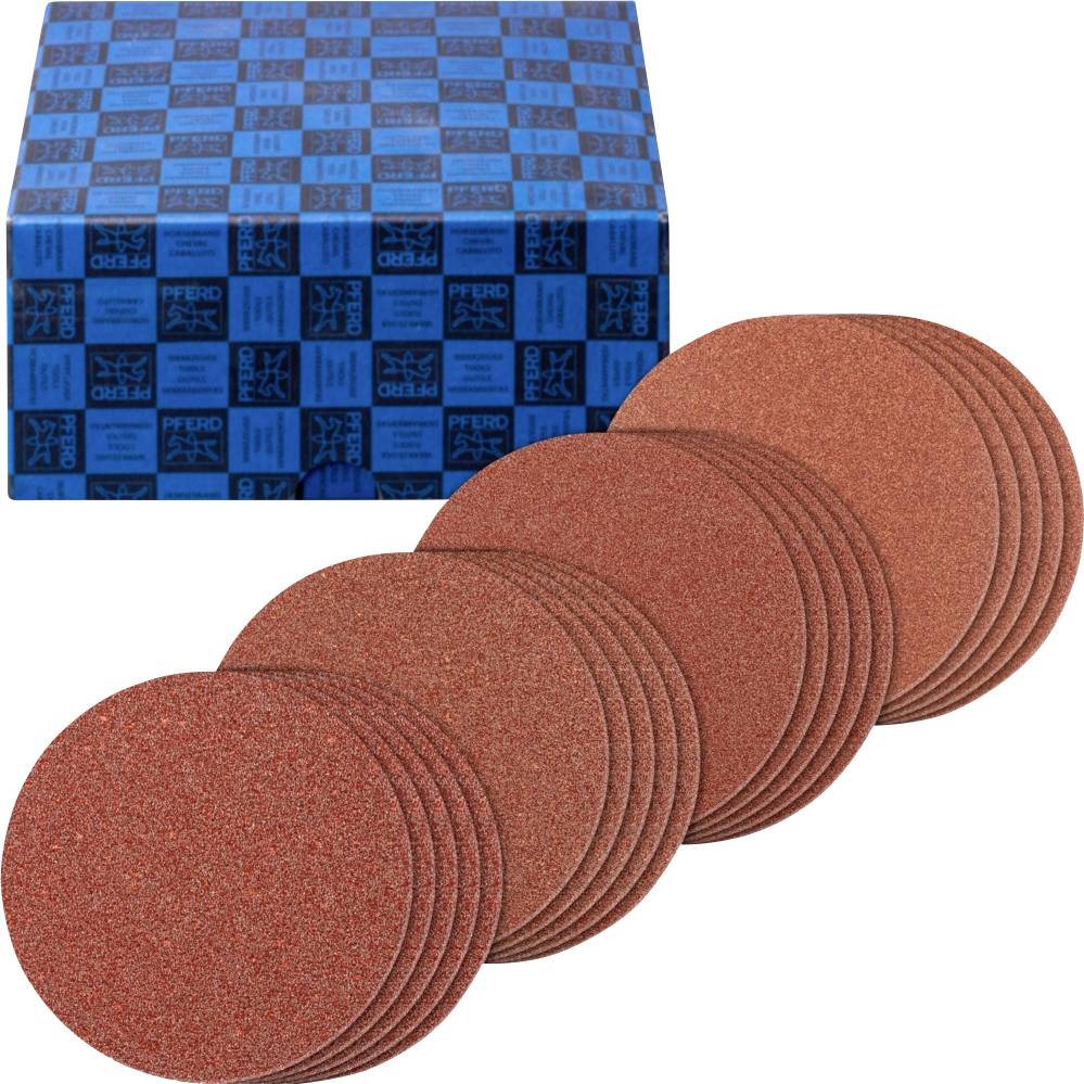 Ein Stapel runder, roter Schleifscheiben liegt vor einer blau gemusterten Verpackung. Ideal für Schleifarbeiten auf verschiedenen Materialien.