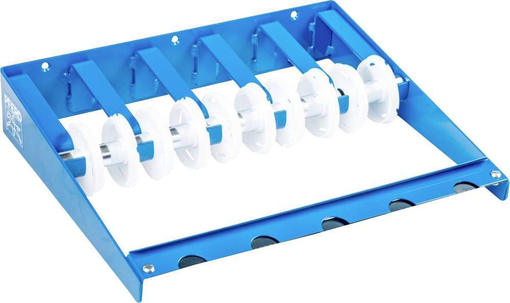 Ein blaues Rack mit weißen, entworfenen Rollenhaltern für Rollen oder Spulen. Es ist aus Metall und zur Wandmontage geeignet.