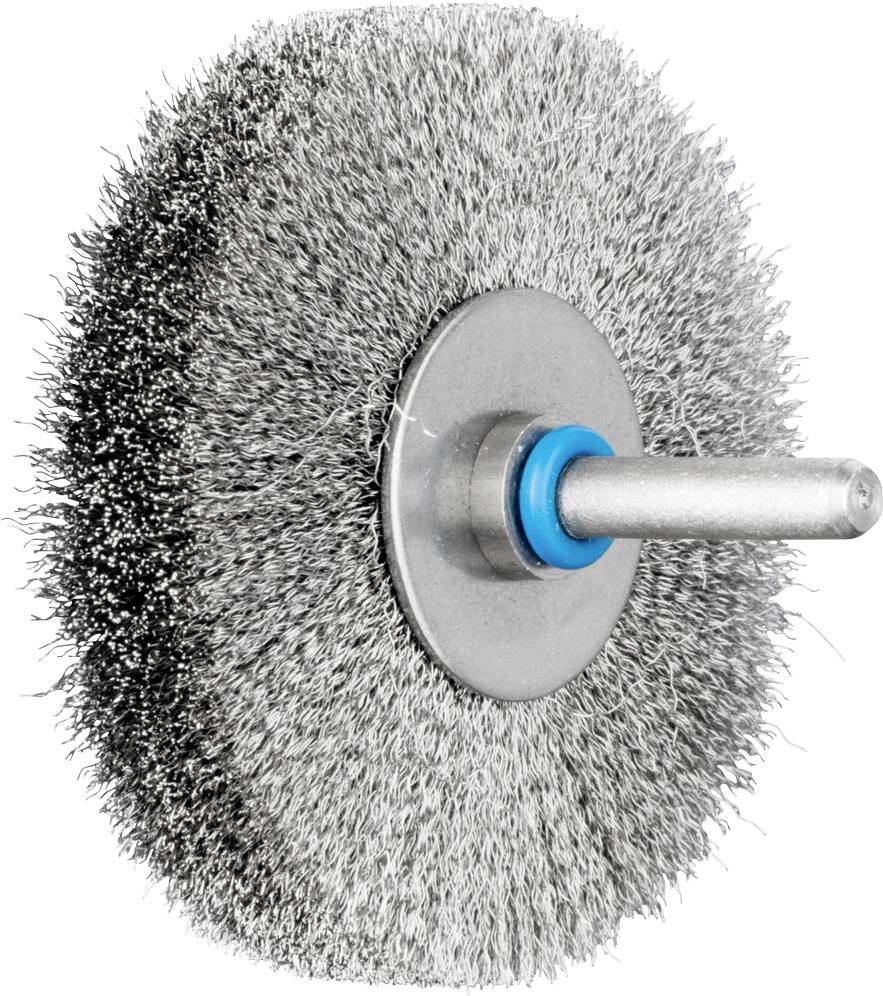 Metallbürste mit Spindel zur Reinigung oder Entgratung, runde Form, Borsten aus Draht, geeignet für Bohrmaschine oder Schleifgerät.