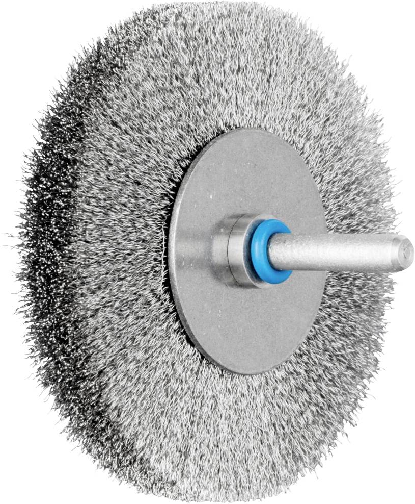 Eine Runddrahtbürste mit Metallborsten und einem blauen Einsatz, geeignet zur Oberflächenreinigung und Rostentfernung.