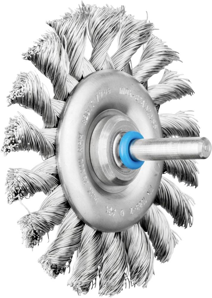 Metalldrahtbürste mit rotem Kunststoffgriff, seitlich liegend, mit spiralförmig angeordneten Borsten aus Stahldraht.