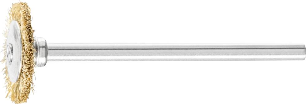 Runder Drahtbürstenaufsatz mit Metallstiel, verwendet für Schleif- und Polierarbeiten, zu sehen von der Seite.