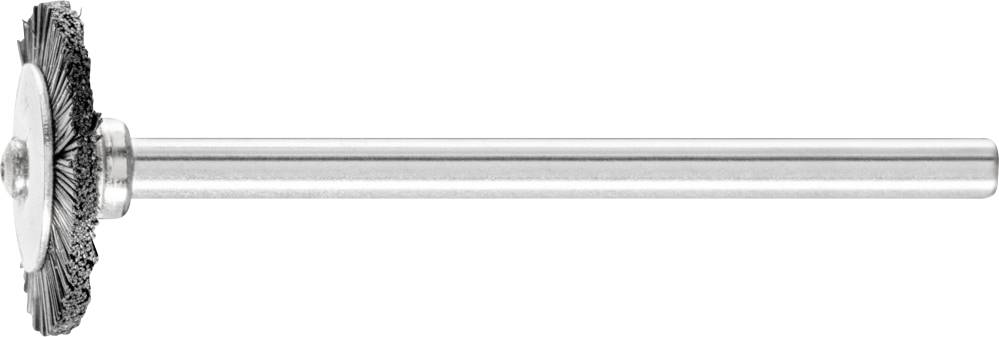 Kleine Drahtbürste mit langem Metallgriff, horizontal ausgerichtet. Geeignet für präzise Reinigungsarbeiten an kleinen Flächen oder Kanten.