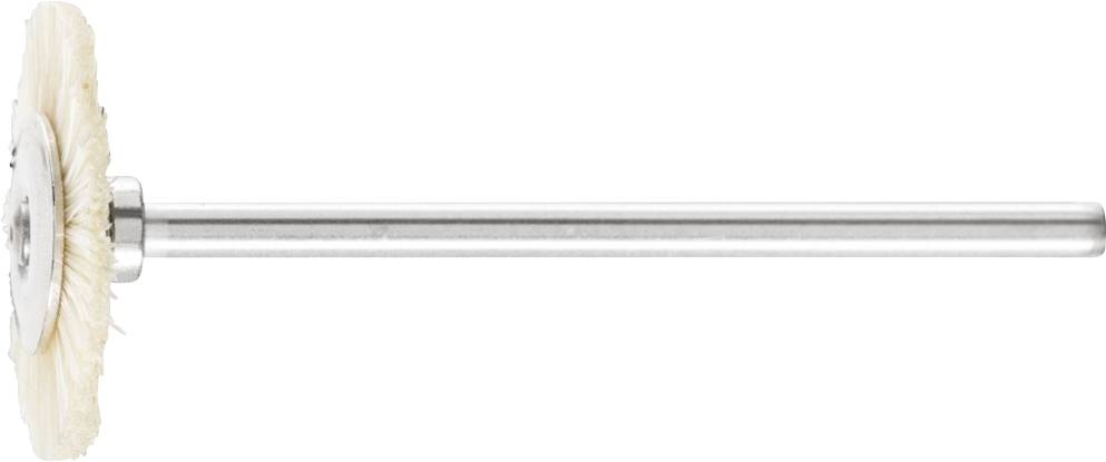 Ein rotierender Schleifbürstenaufsatz mit langem Metallschaft, hauptsächlich in hellen Tönen gehalten, liegt waagerecht.