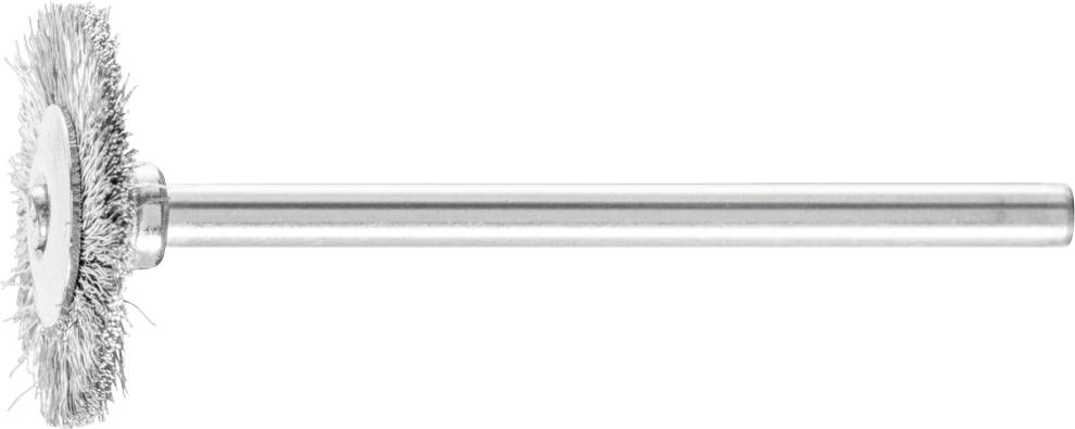 Metallbürste mit rundem Bürstenkopf und langem Griff, geeignet zum Polieren oder Reinigen von Metalloberflächen.