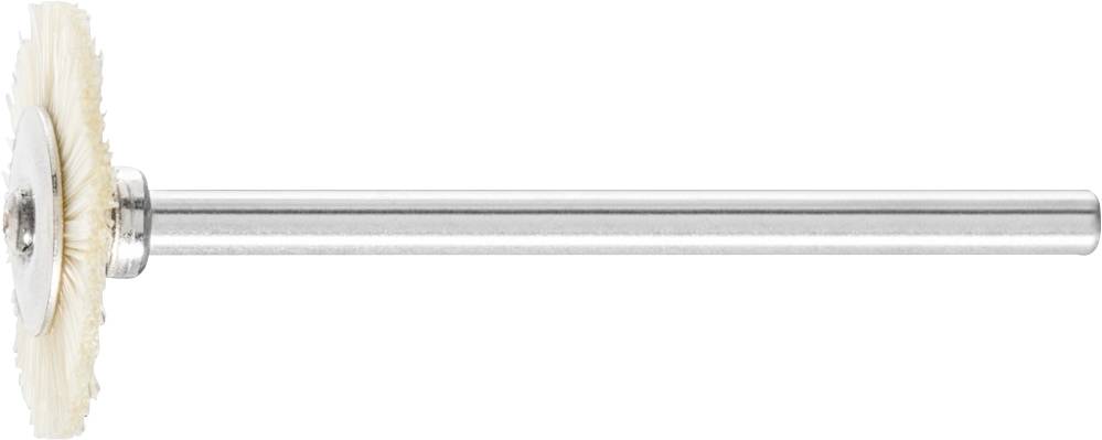 Ein kleiner Schleifkopf mit einer Metallstange und einer weißen Bürste, vermutlich für Dremel-Werkzeuge, auf weißem Hintergrund.