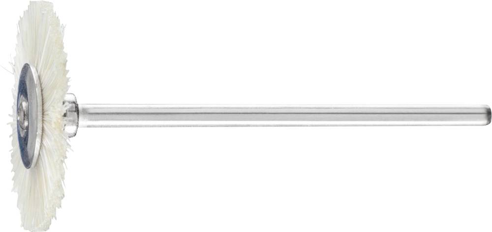 Bild einer weißborstigen Radbürste mit langem Metallschaft, seitlich abgebildet. Verwendet für Reinigung oder Polieraufgaben.