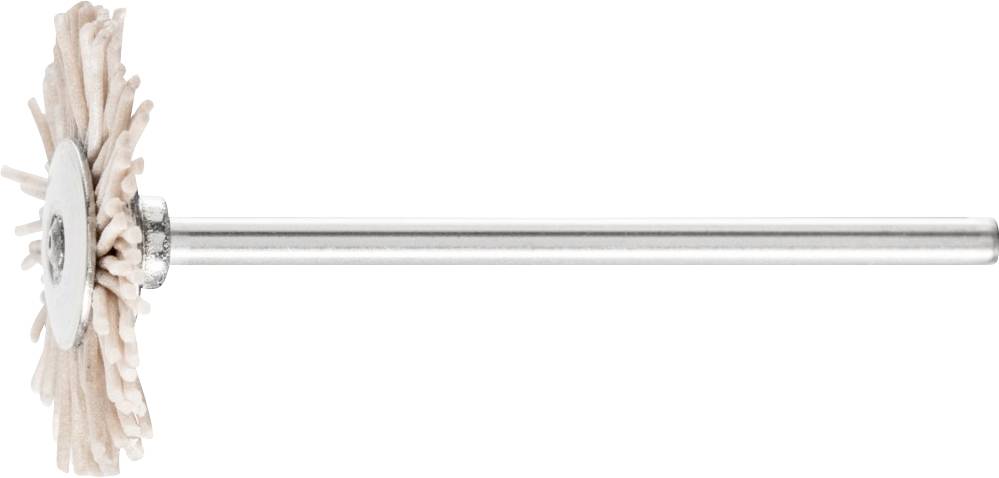 Ein Polierwerkzeug mit einem Rad aus weichem Stoff und einem langen Metallgriff, das zum Glätten und Polieren von Oberflächen verwendet wird.