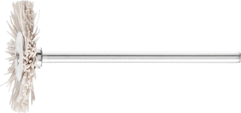 Bürstenaufsatz mit kunststoffborsten auf metallstange, seitliche ansicht vor weißem hintergrund.