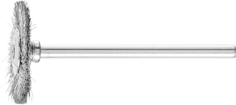 Ein rotierender Drahtbürstenaufsatz mit langem Schaft, verwendet zur Reinigung oder Glättung von Oberflächen bei handwerklichen Arbeiten.