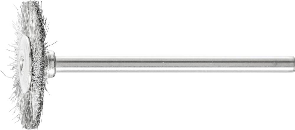 Drahtbürstenaufsatz mit silbernem Griff und runden Borsten, verwendet zur Reinigung oder Politur von Metalloberflächen.