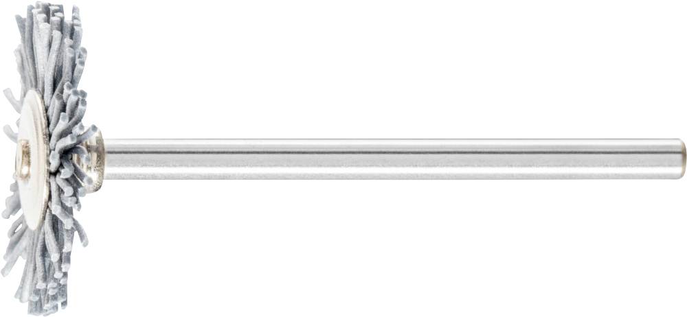 Metallstab mit grauer, flauschiger Bürste an einem Ende, vor weißem Hintergrund. Werkzeug zur schonenden Reinigung oder Politur.