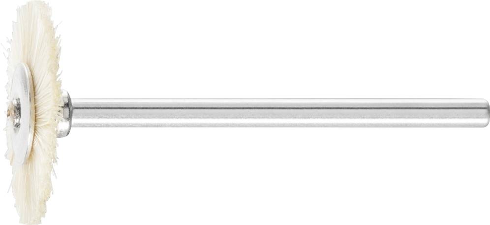 Bürstenaufsatz mit weißem Borstenkopf und langem, silbernem Schaft, horizontal dargestellt. Geeignet für Reinigungszwecke.
