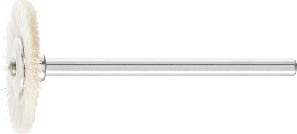 Kleiner, runder Polieraufsatz mit langen Borsten, befestigt an einem geraden metallischen Schaft, ideal für präzise Oberflächenbearbeitung.