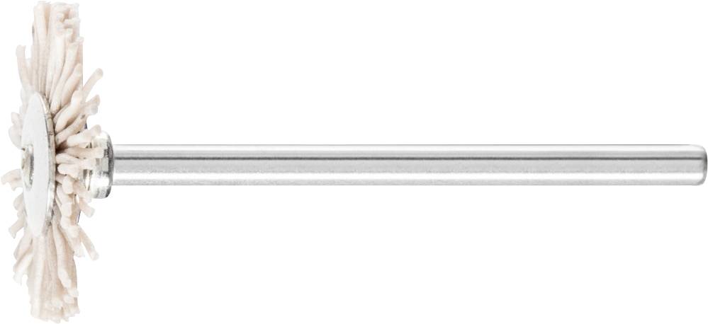 Eine weiße Scheibenbürste mit langem Metallstiel. Die Bürste hat weiche Borsten, geeignet für die Reinigung oder Polieren von Oberflächen.