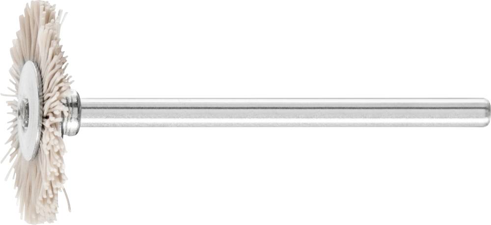 Eine rosafarbene Polierscheibe mit Borsten auf einem Metallstab, geeignet für die Oberflächenbearbeitung und Reinigung.