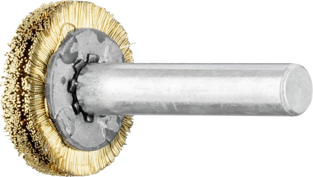 Scheibenbürste mit Drahtborsten und Stiel, geeignet für die Entfernung von Rost und Farbe auf Metalloberflächen.